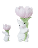Coelho de Páscoa "Flor da Alegria" em Resina (Branco e Rosa) 10,5cm x 9,7cm x 20,7cm