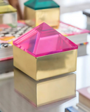 Caixa Metal Dourado com Tampa Piramide Fucsia 9 x 9 x 12cm